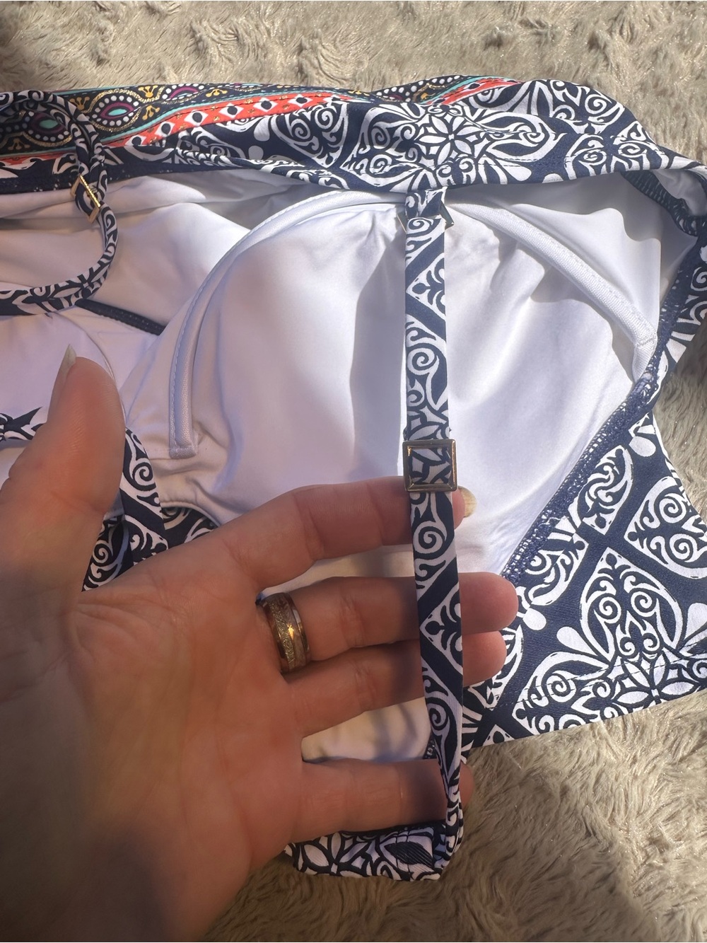 La Blanca Navy and White Tile-Print Swim Tankini with Multicolor Waist Band - Picture 5 of 7
